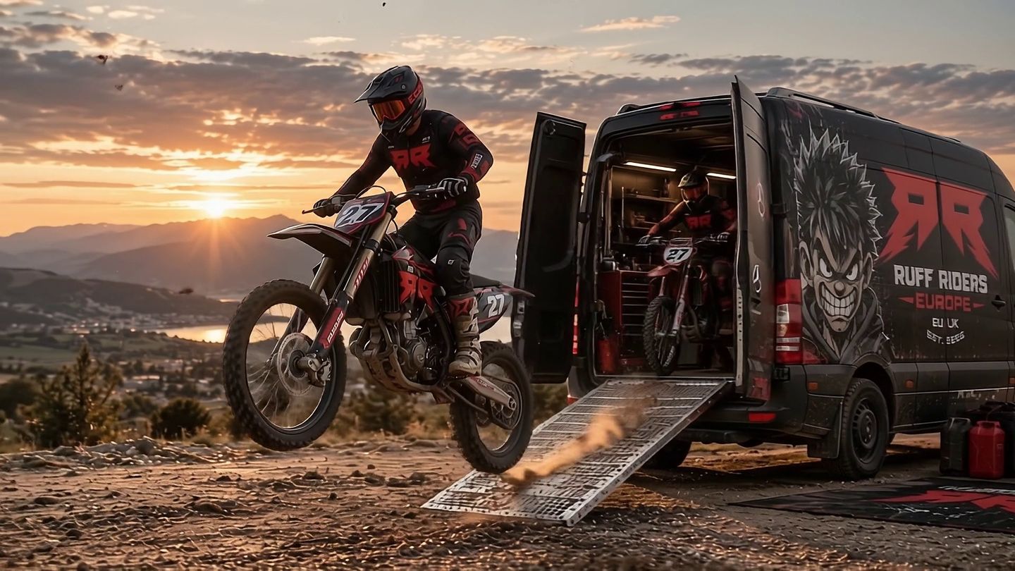 Motocross rider coming down the loading ramp of a Ruff Riders Europe van at sunset