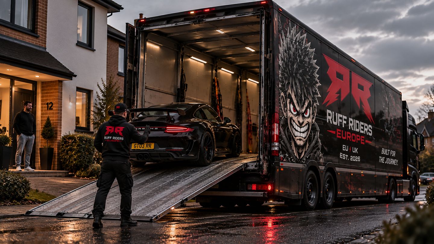 Ruff Riders Europe crew member guiding a black sports car up the ramp of a branded transporter outside a house